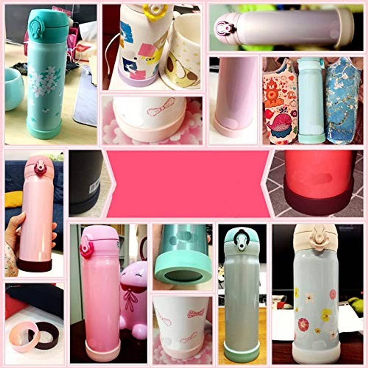 Assorted bottle base protective silicone sleeves in multiple colors, shown together