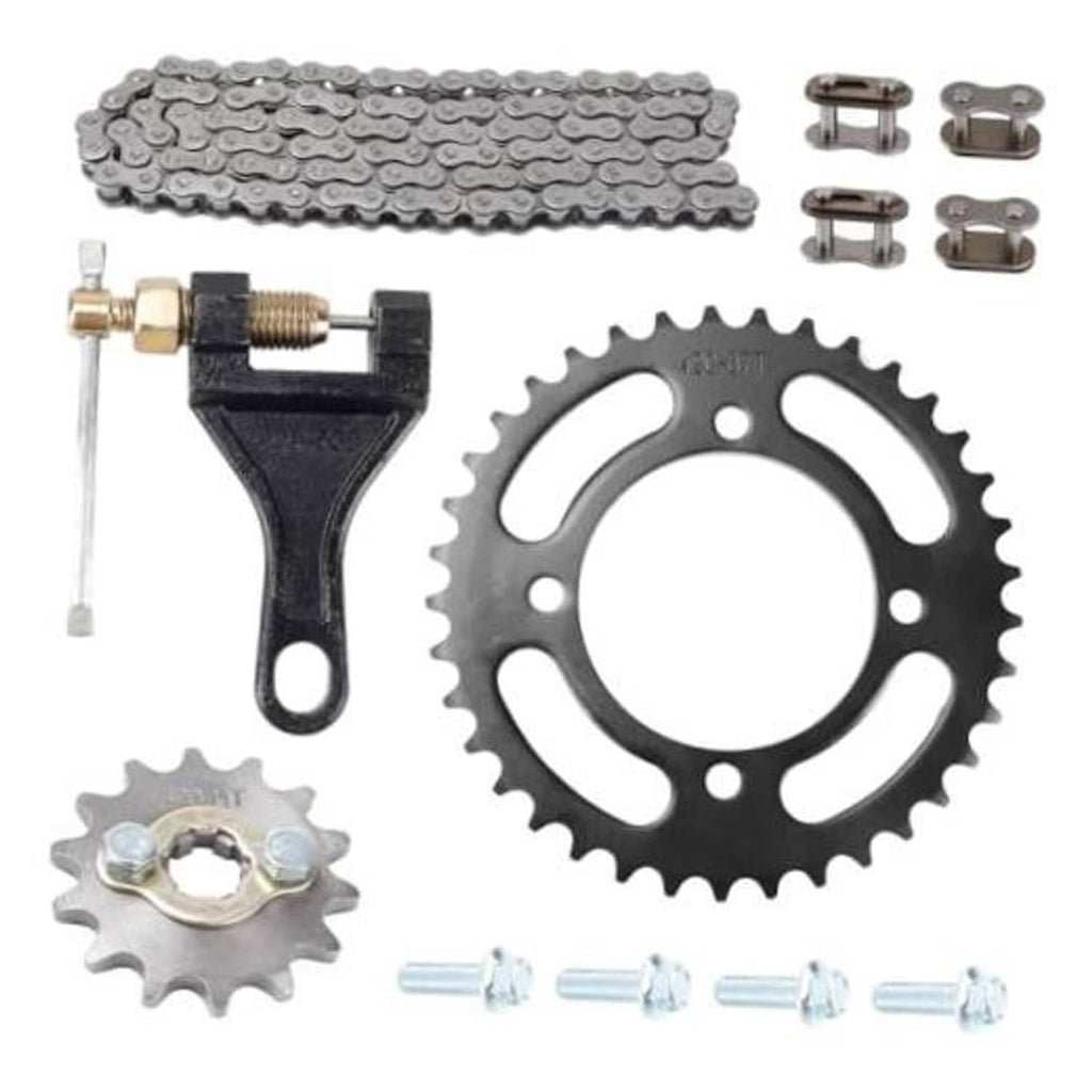 Motorcycle chain set with roller chain, front sprocket, rear sprocket, and mounting hardware