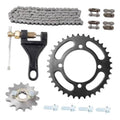 Motorcycle chain set with roller chain, front sprocket, rear sprocket, and mounting hardware