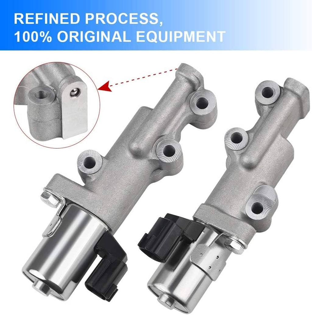 Pair of variable timing solenoids with silver metal bodies and black plug connectors
