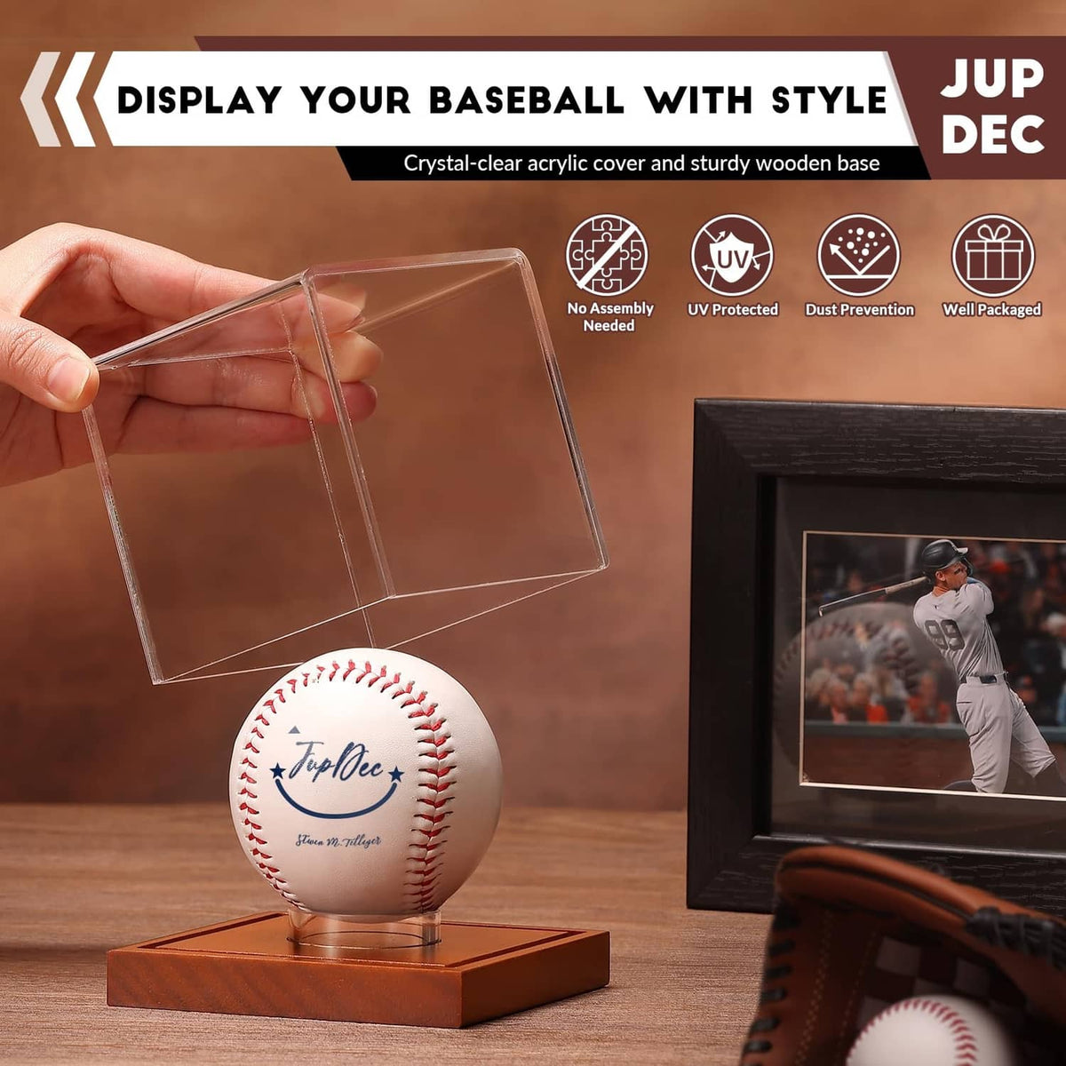 Clear acrylic cube baseball display with brown wooden base and baseball inside