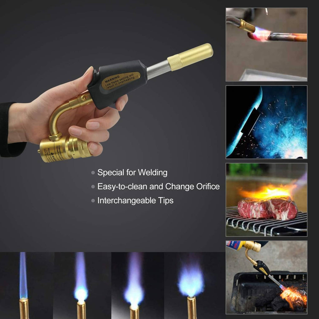 Handheld gas welding torch with black handle and brass torch body