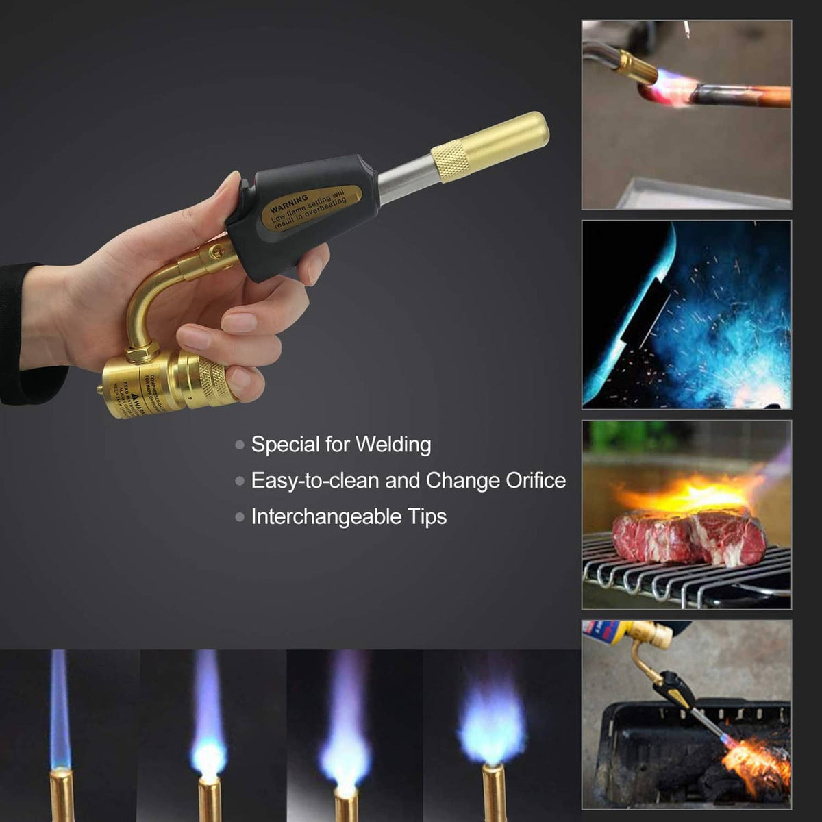 Handheld gas welding torch with black handle and brass torch body