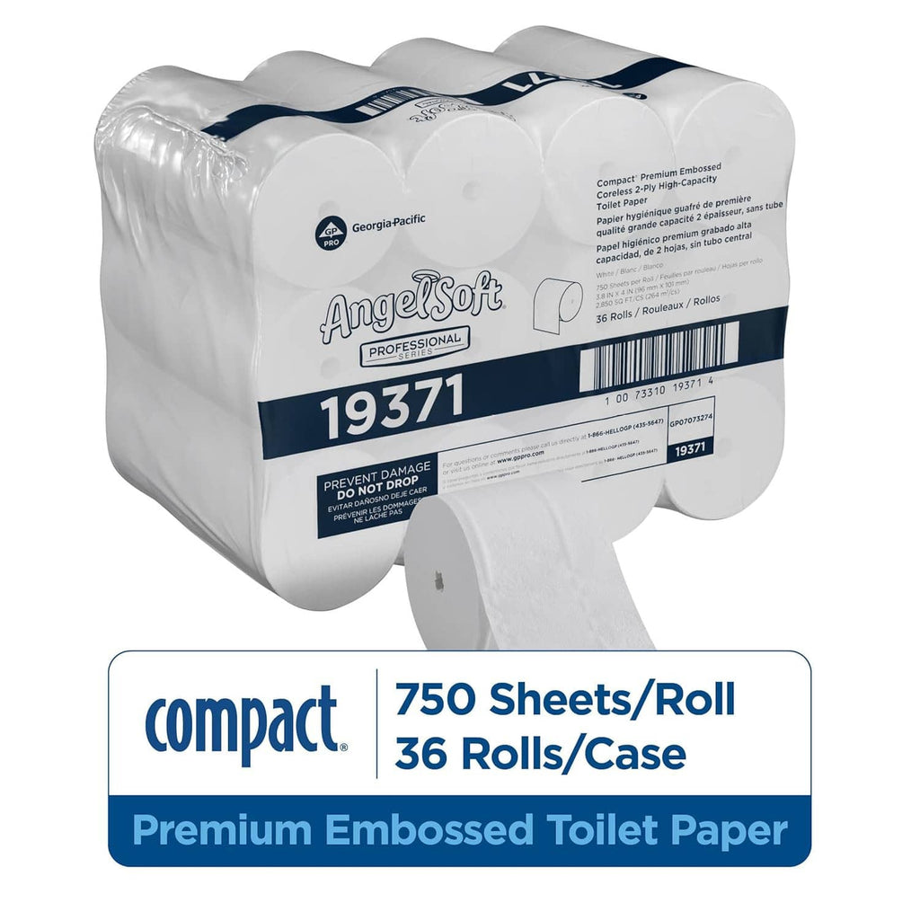 Compact coreless 2-ply embossed toilet paper rolls, white pack with case graphic.