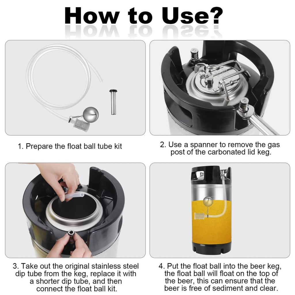 Beer dip tube float kit with stainless ball and silicone hose connections for installing