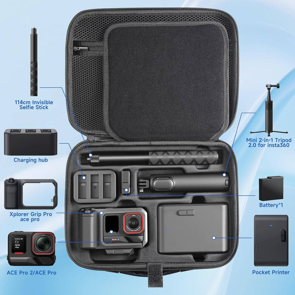 Black hard-shell carrying case with open organizer layout and two shoulder strap loops