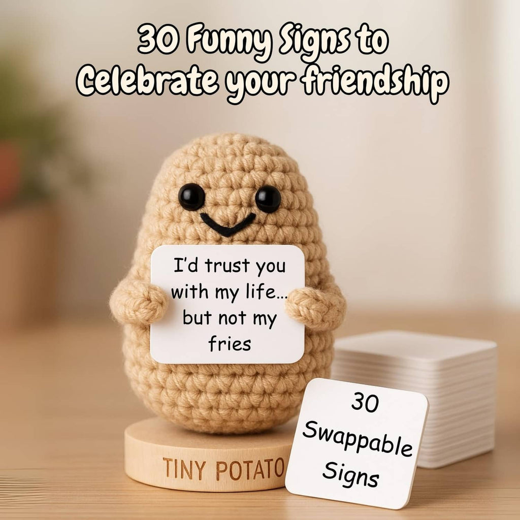 Crochet potato figurine on wooden base with a small swap sign card