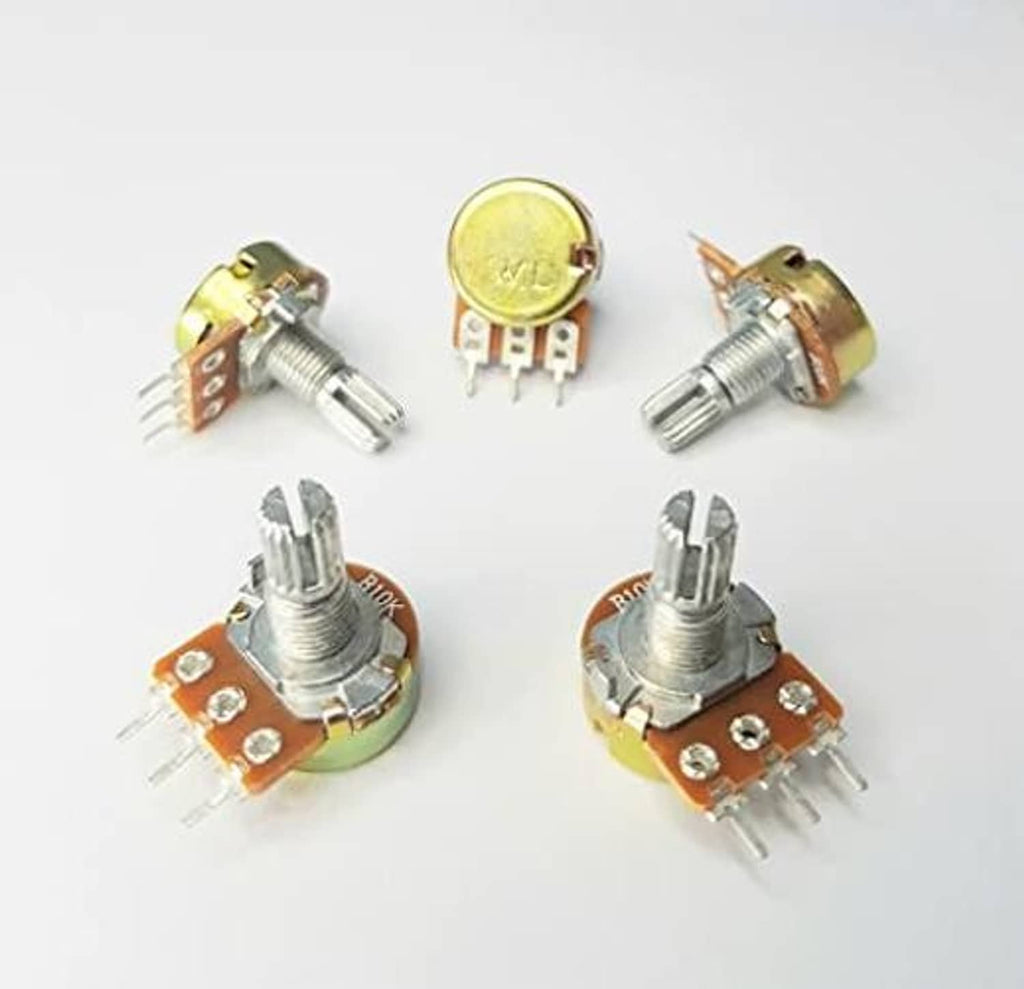Assorted 10K ohm potentiometers with metal shafts and orange circuit boards, pin leads