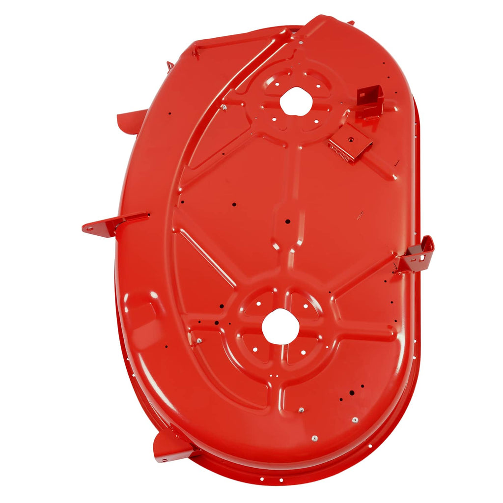 Red mower deck top with circular openings, stamped panels, and side mounting points