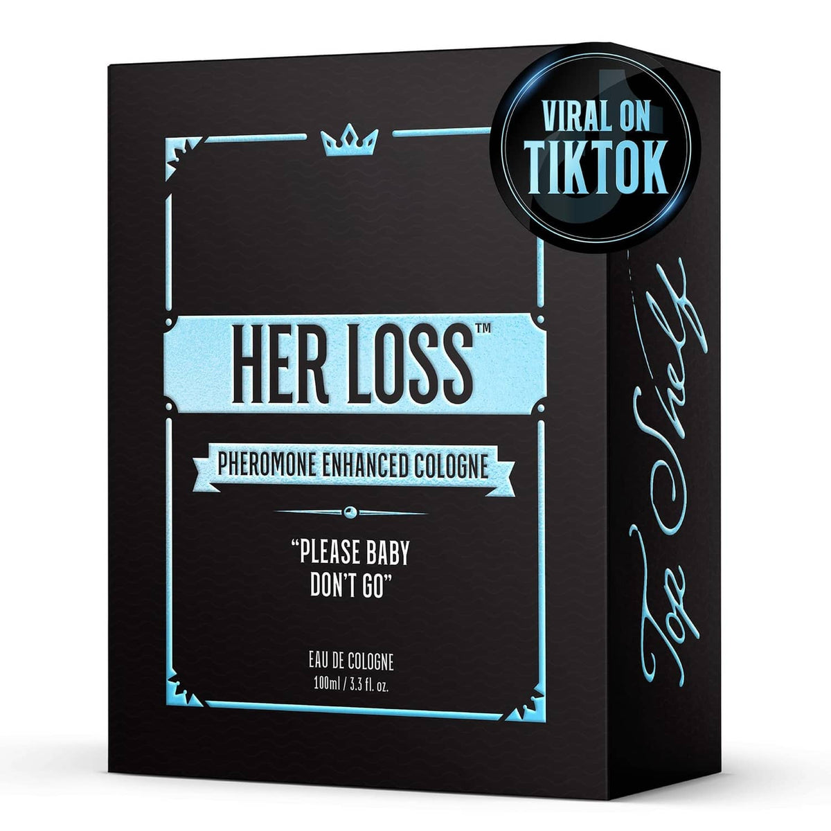 Men's pheromone cologne gift box, black with blue accents and round 'Viral on TikTok' badge