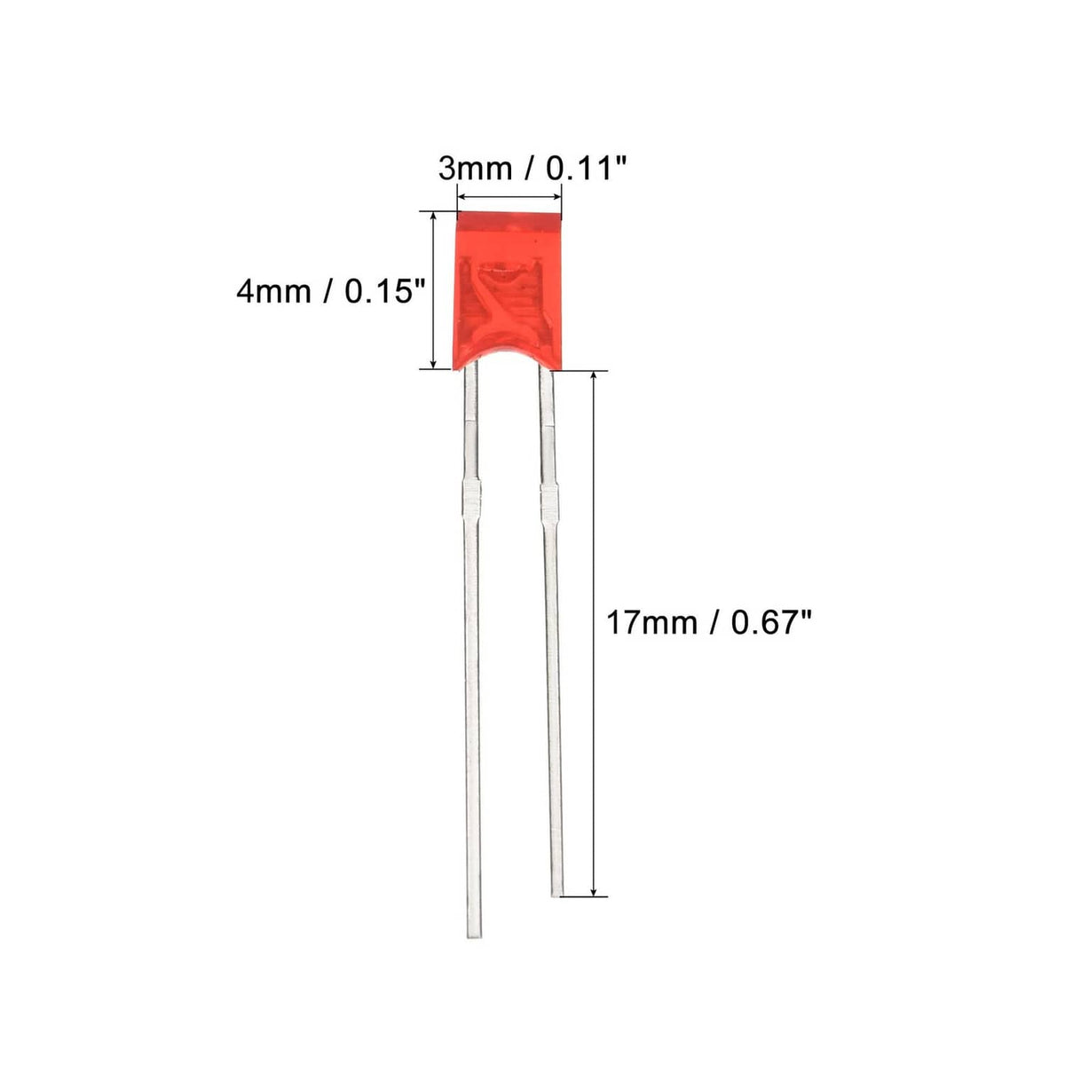 Red rectangular LED lamp bulb with two silver pins; size diagram on body