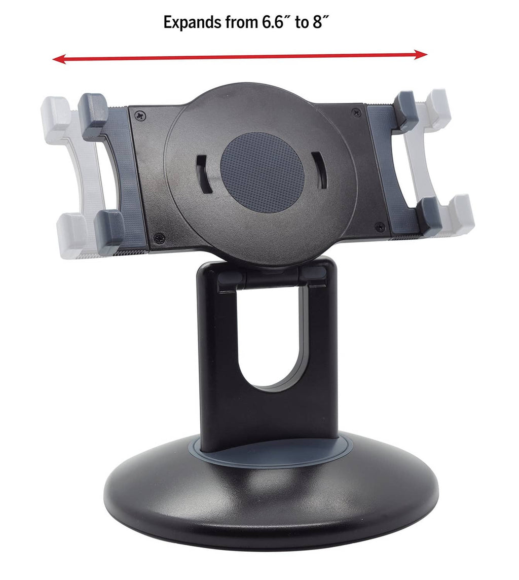Adjustable tablet clamp with circular center pad and screw-tightened side grips