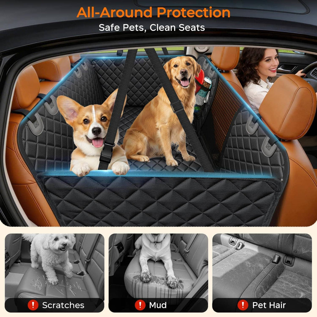 Black quilted dog backseat extender with three dogs and seat belt anchors