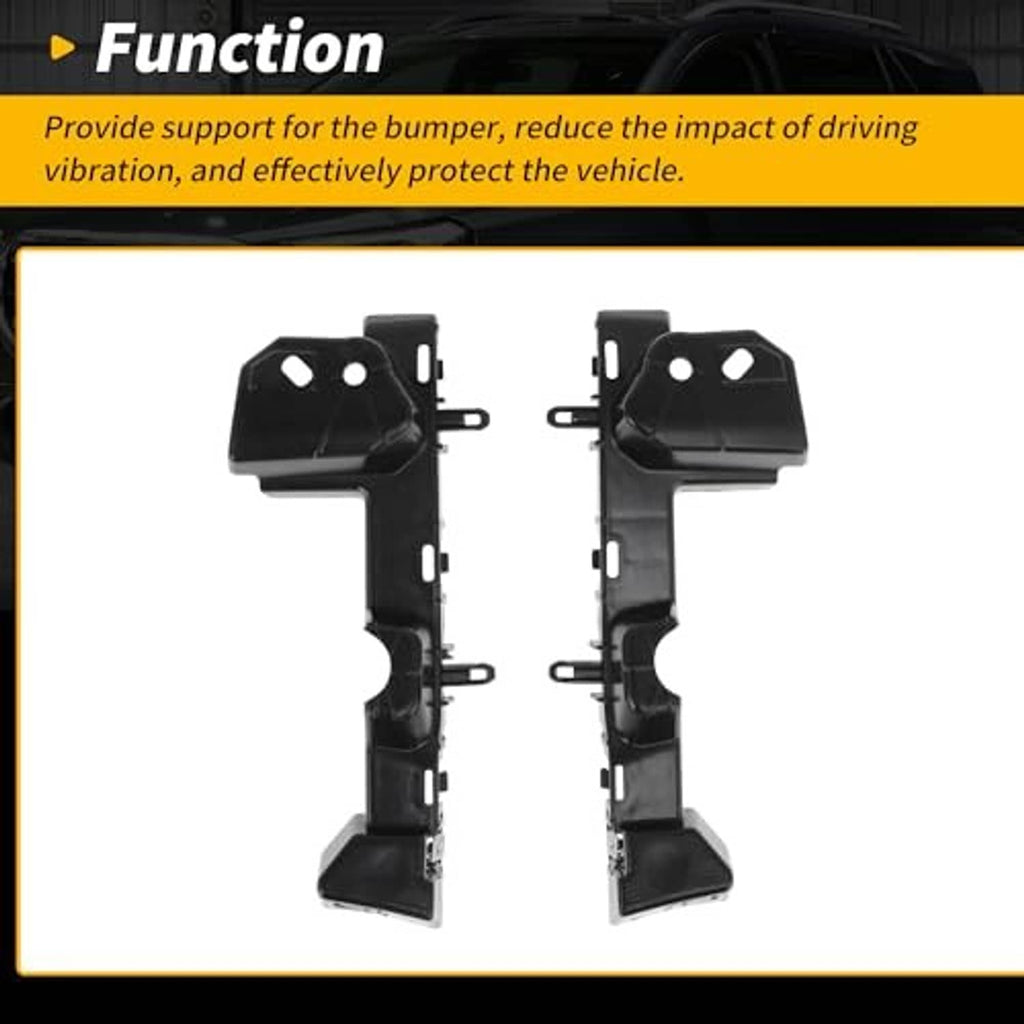 Pair of black front bumper brackets with mounting holes and metal clips