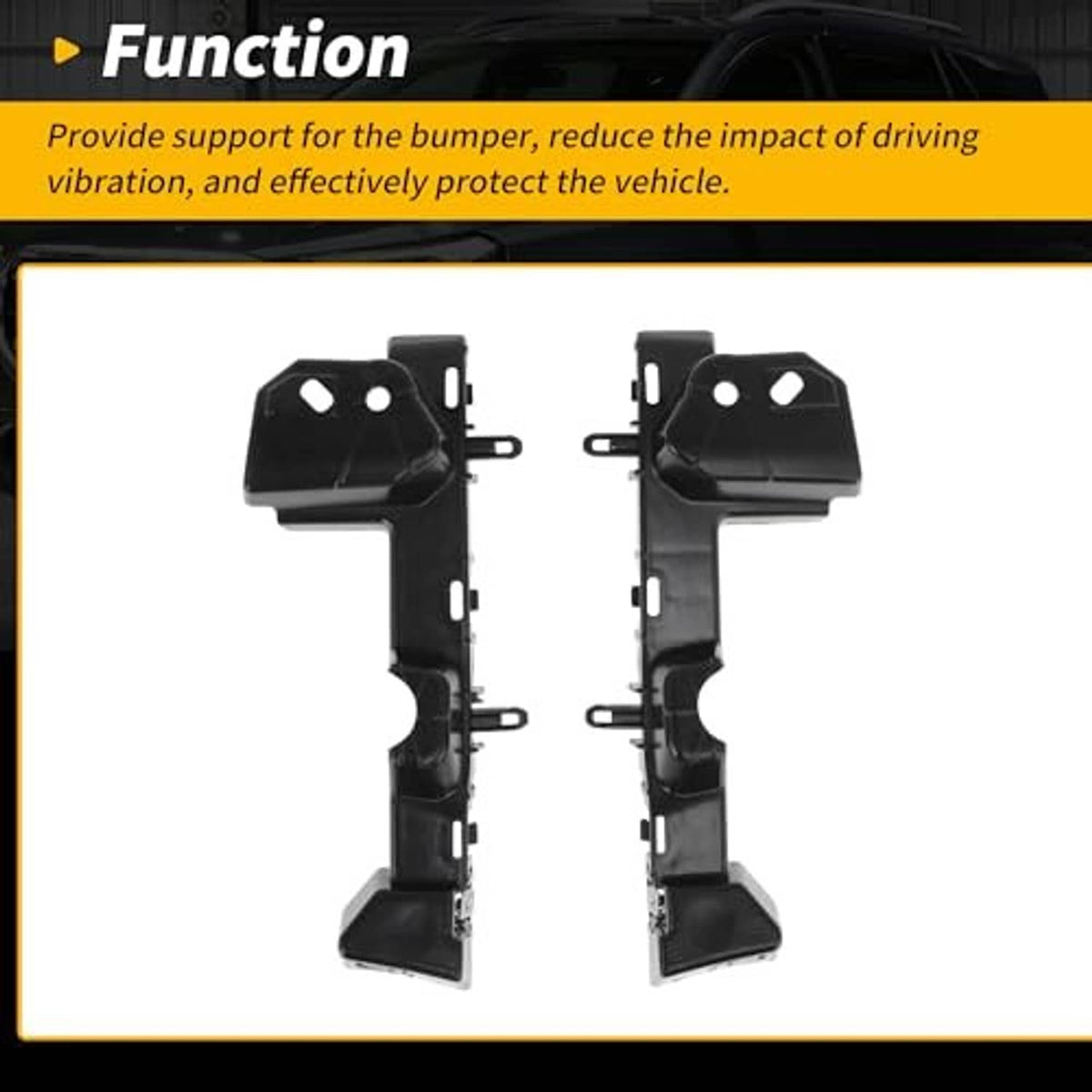 Pair of black front bumper brackets with mounting holes and metal clips