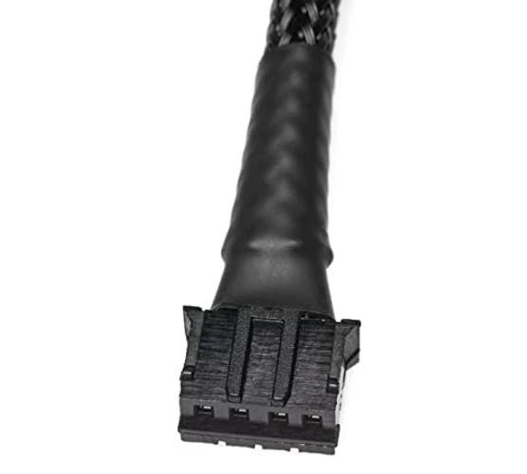 Black micro 4-pin connector on braided adapter cable, end view