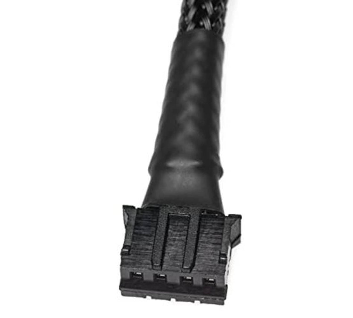 Black micro 4-pin connector on braided adapter cable, end view
