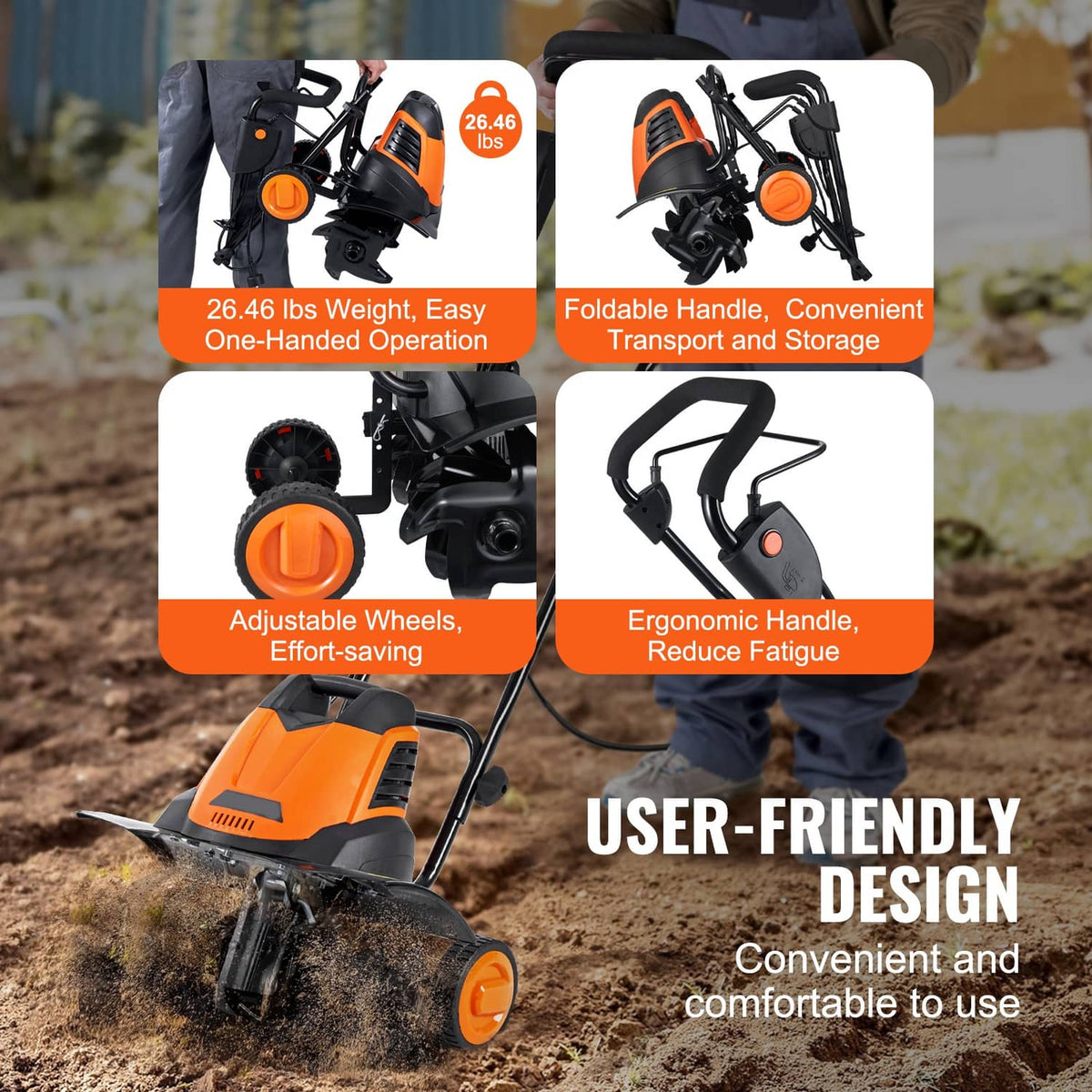 Orange electric corded tiller with adjustable wheels and curved ergonomic handle