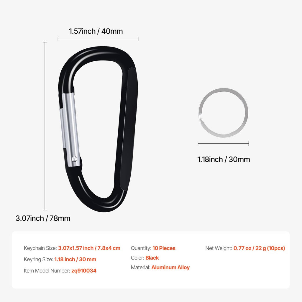 Black spring clip carabiner keyring with size diagram and measurement callouts.