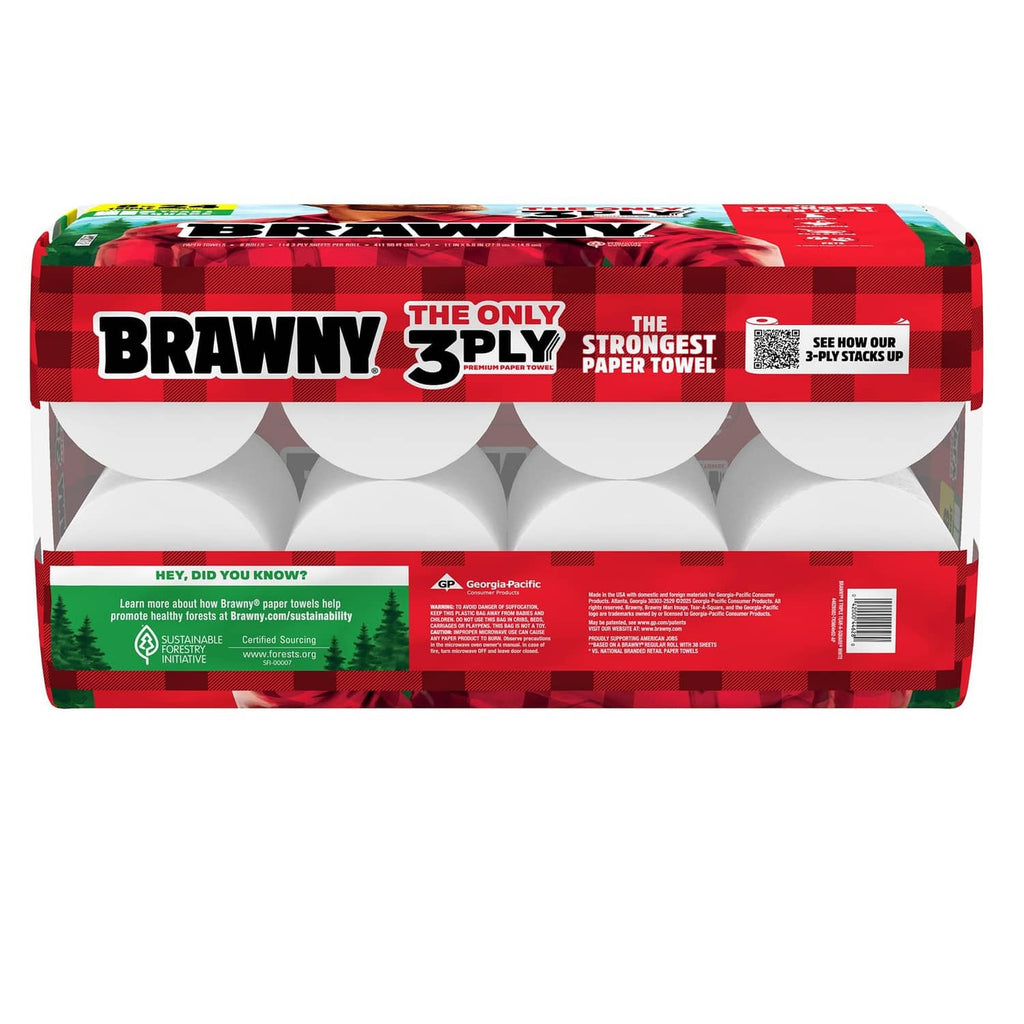 Brawny 3-ply paper towel roll pack, front view with exposed roll ends