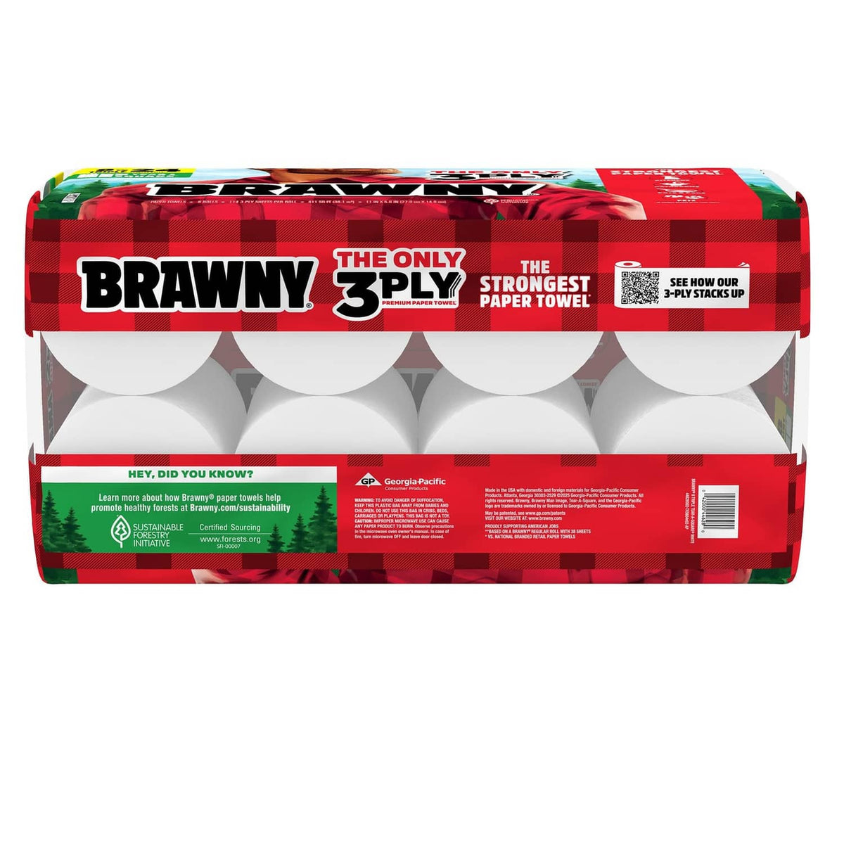 Brawny 3-ply paper towel roll pack, front view with exposed roll ends