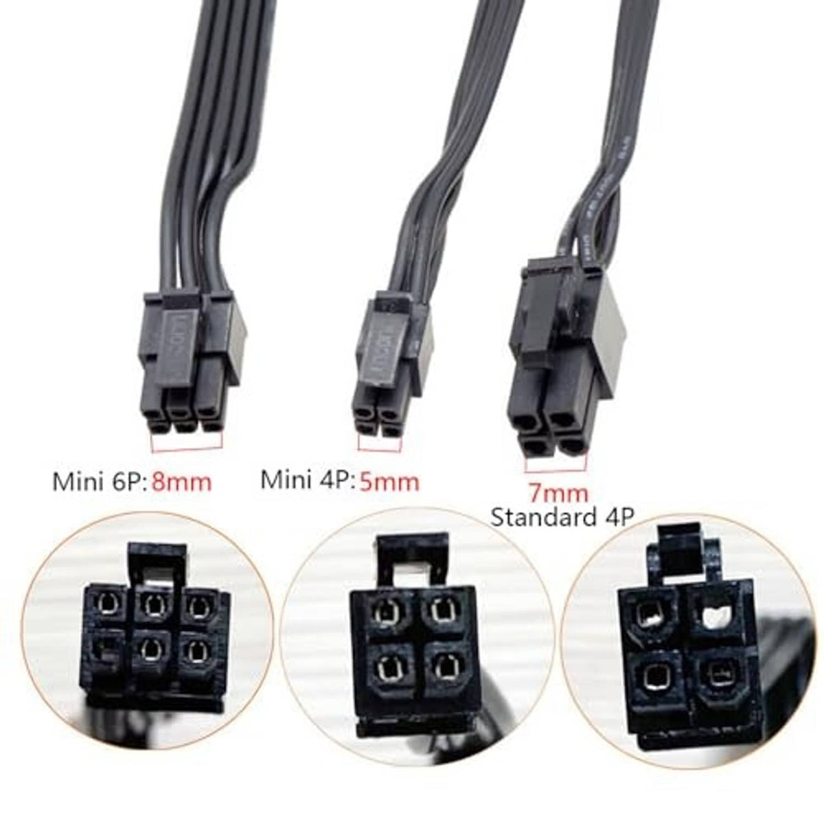 SATA adapter cable close-up showing mini 6-pin and 4-pin connector ends