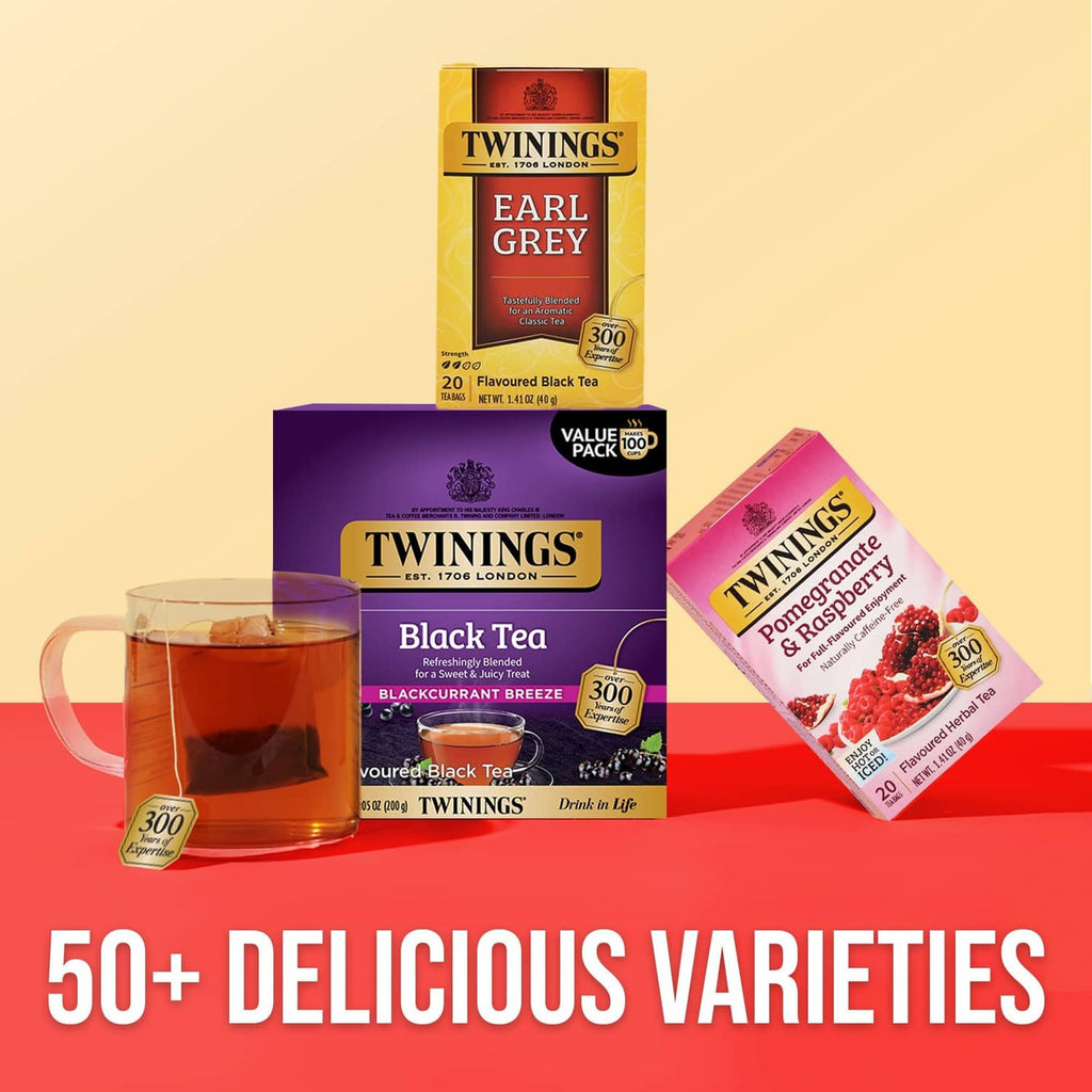Twinings tea sampler with Blackcurrant Breeze, Earl Grey, and Pomegranate boxes