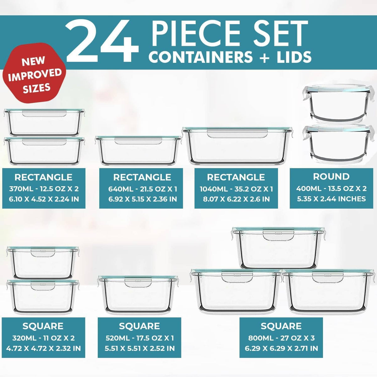 24-piece glass food storage containers set size chart with round, square, and rectangle options