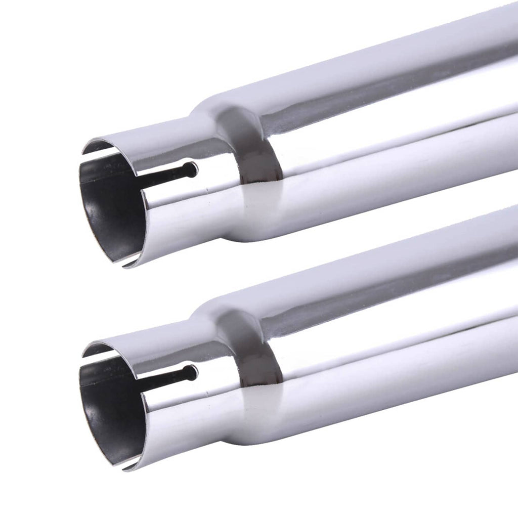 Close-up of chrome megaphone muffler outlets with black end caps