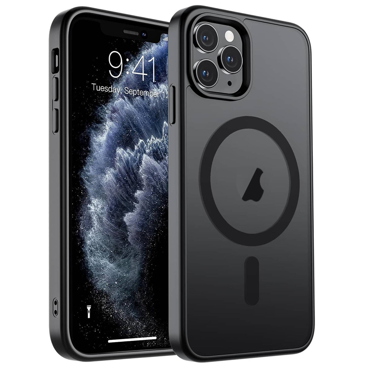 Black iPhone 11 Pro Max magnetic phone case, circular ring, front and back view