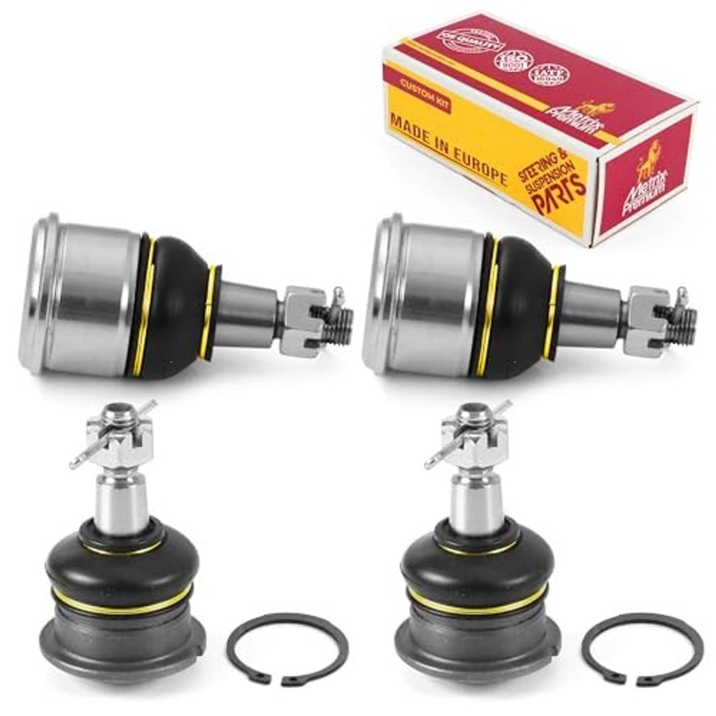 Ball joint kit with two assembled joints, black boots, and yellow trim rings