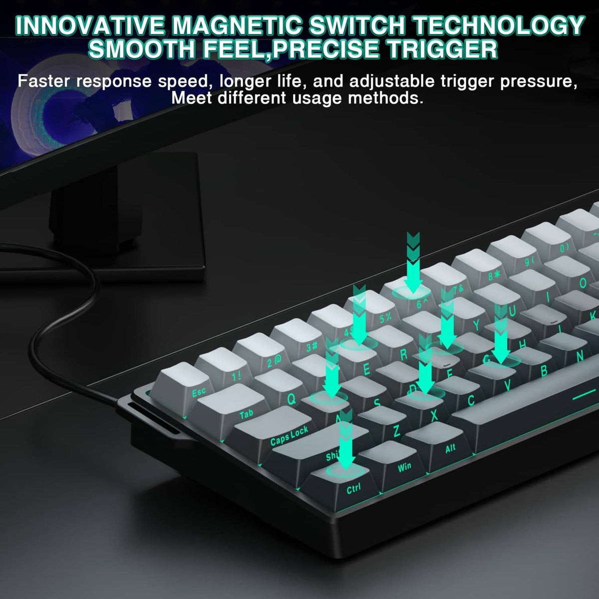 Mechanical gaming keyboard with gray keycaps and illuminated magnetic switch stems.