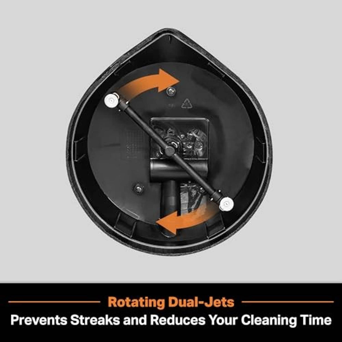 Pressure washer surface cleaner underside with rotating dual-jets and orange flow arrows