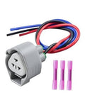 Gray turn signal connector pigtail with red, blue, and black wires and purple caps