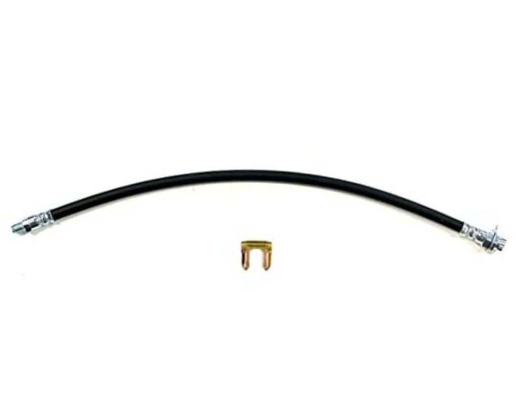 Black rubber brake hose with metal crimp fittings and threaded end connections