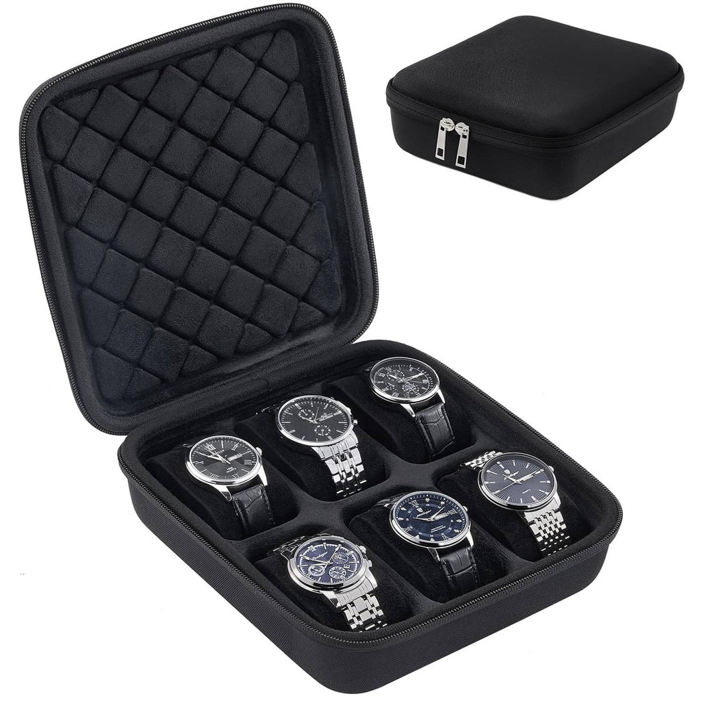 Black hard-shell 6-slot watch travel case with six watches stored in molded slots
