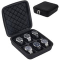 Black hard-shell 6-slot watch travel case with six watches stored in molded slots