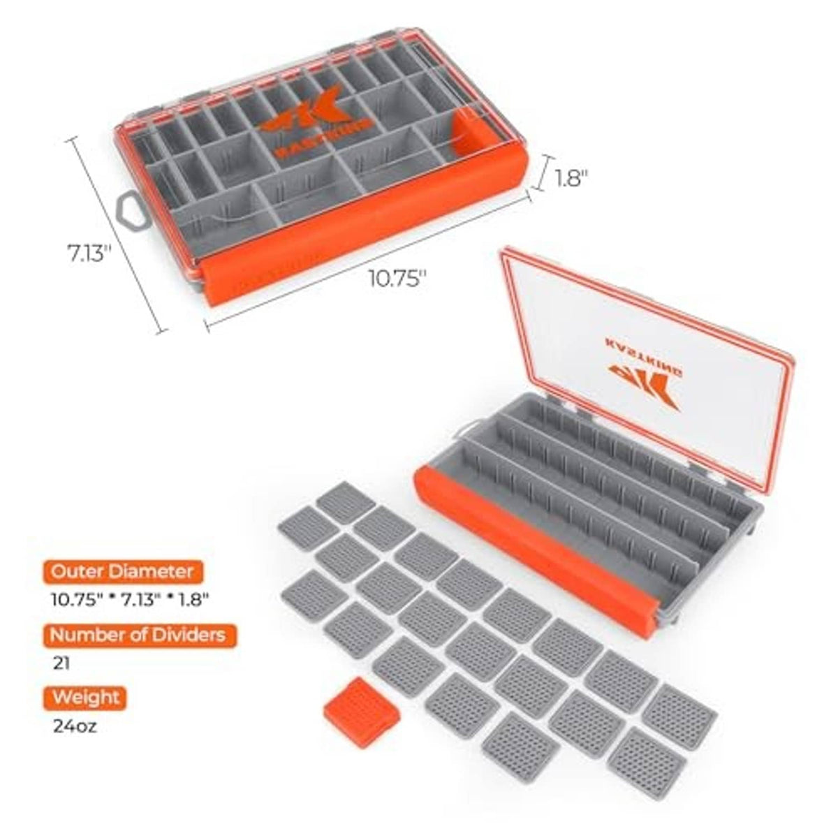 Tackle box with gray tray dividers, removable label area, and included insert pieces