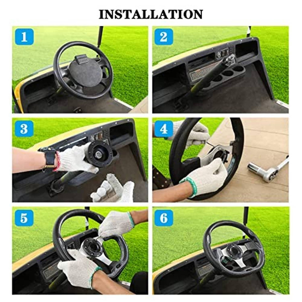 Hands installing a black steering wheel adapter on a golf cart steering column