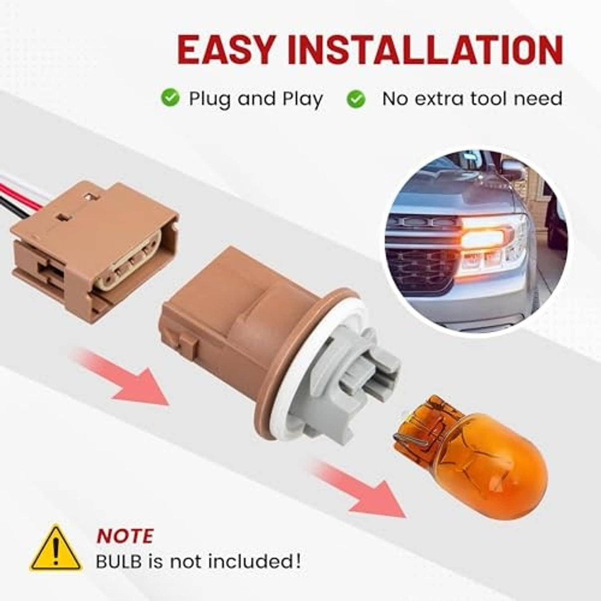 Turn signal light socket with 3-wire plug and white bulb holder, plug-and-play style