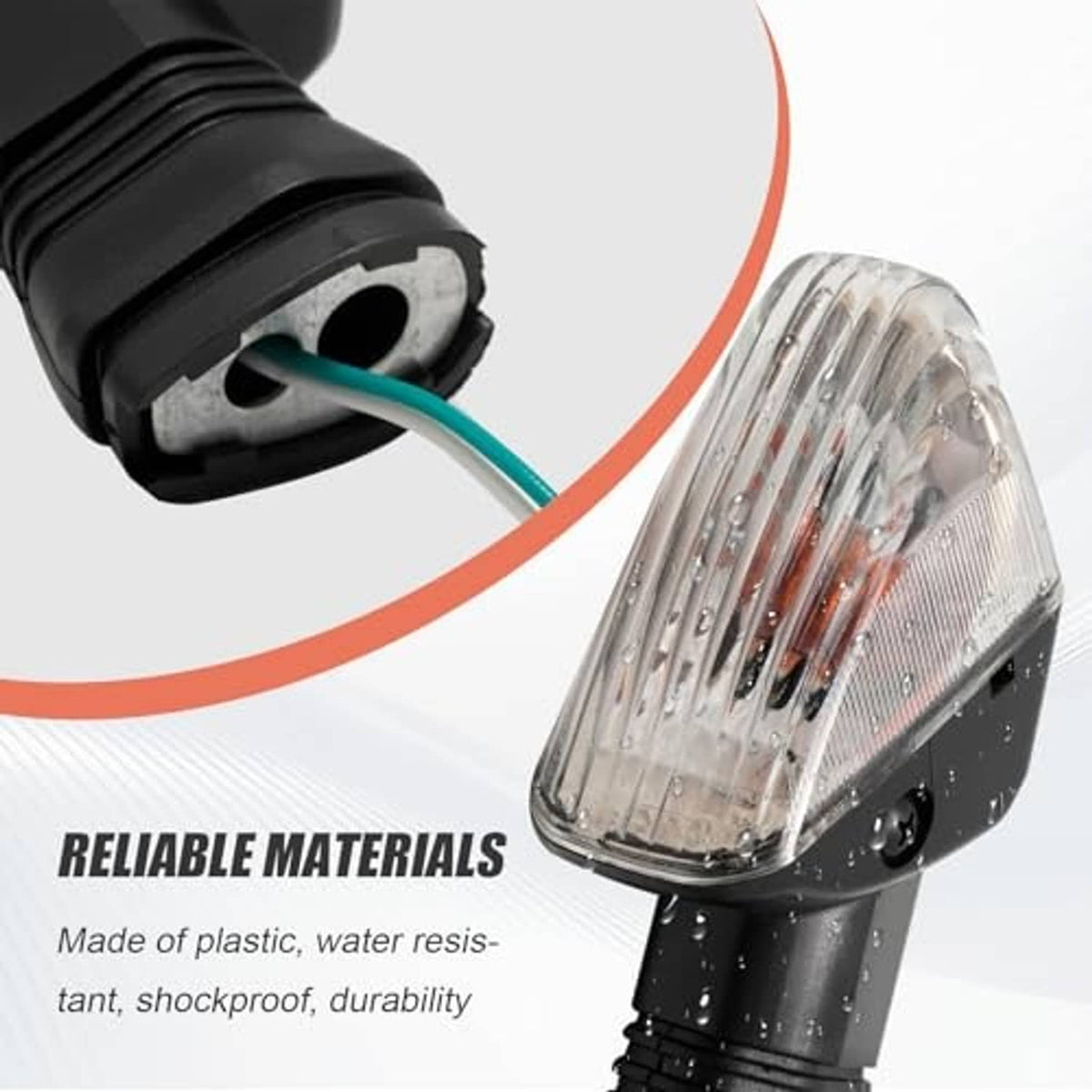 Water-resistant style turn signal light with clear lens, black stem, and blue wire lead