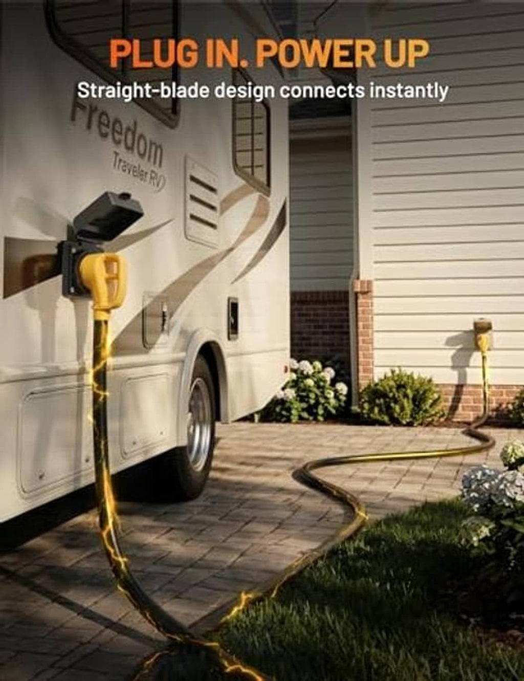 Straight-blade RV power inlet with black wall unit and yellow plug connected.