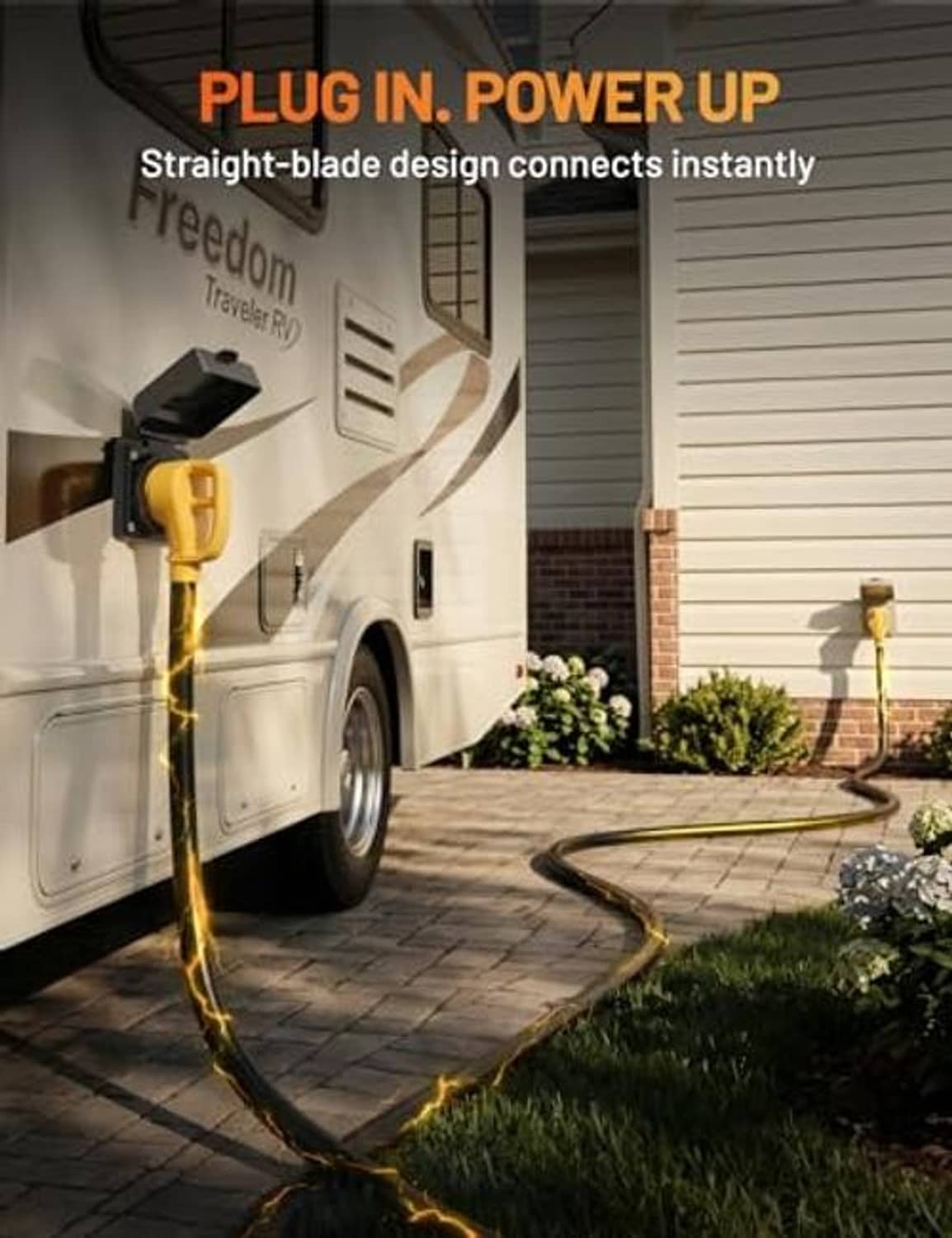 Straight-blade RV power inlet with black wall unit and yellow plug connected.
