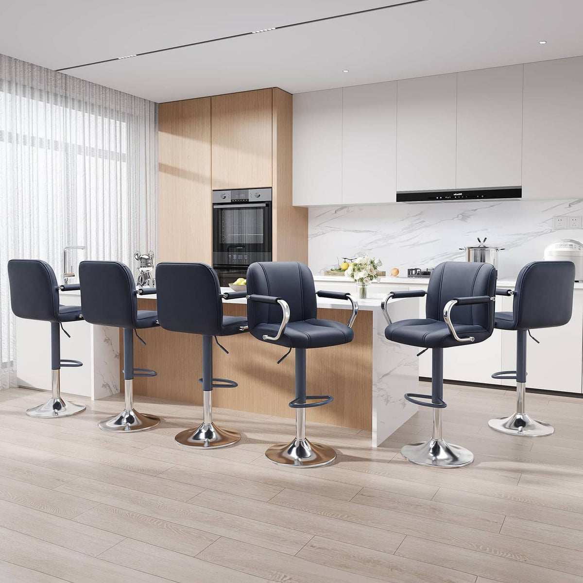 Blue counter-height bar stools with backs and armrests, chrome pedestal bases