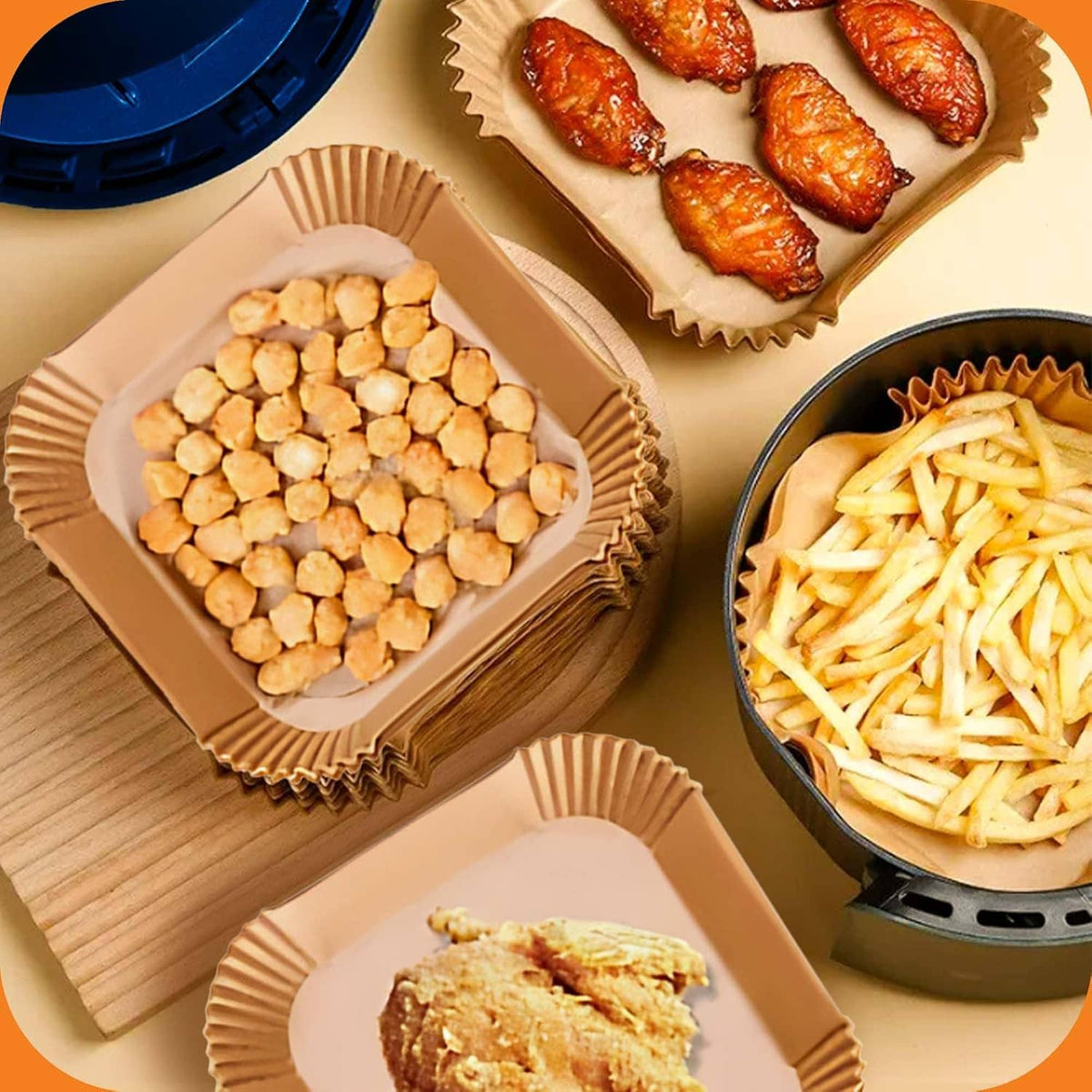 Pack of square air fryer paper liners holding fries and snack pieces