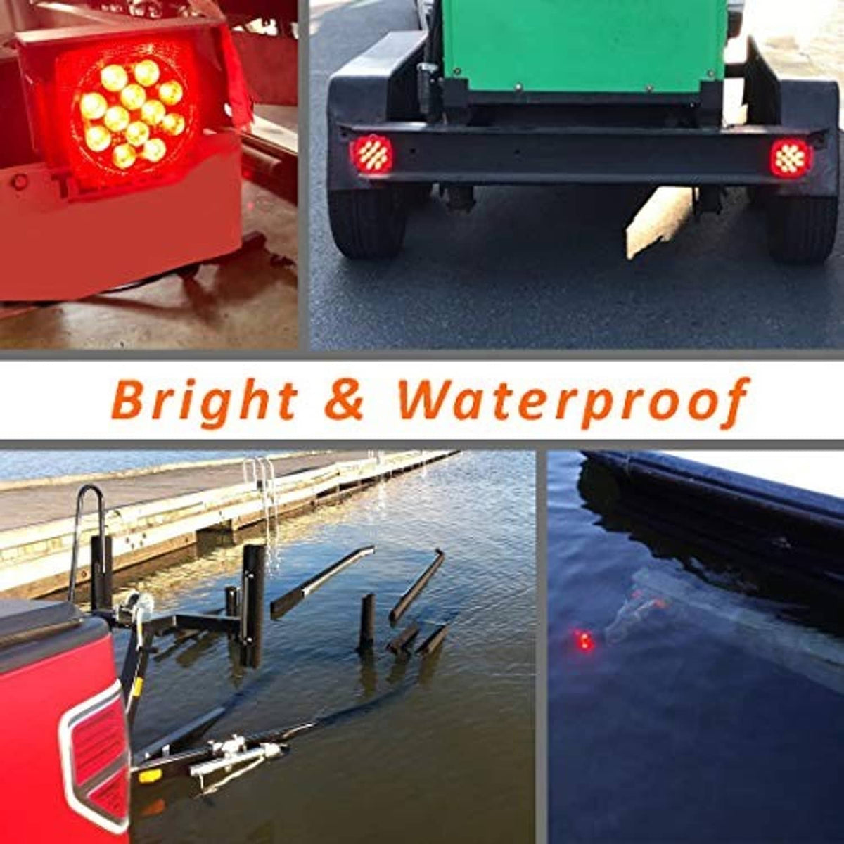 Red LED trailer light glowing through the red lens near the water surface