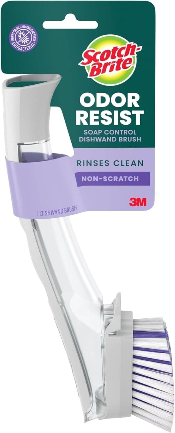 Scotch-Brite dish brush scrubber with white handle and purple bristles, Odor Resist