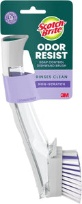 Scotch-Brite dish brush scrubber with white handle and purple bristles, Odor Resist