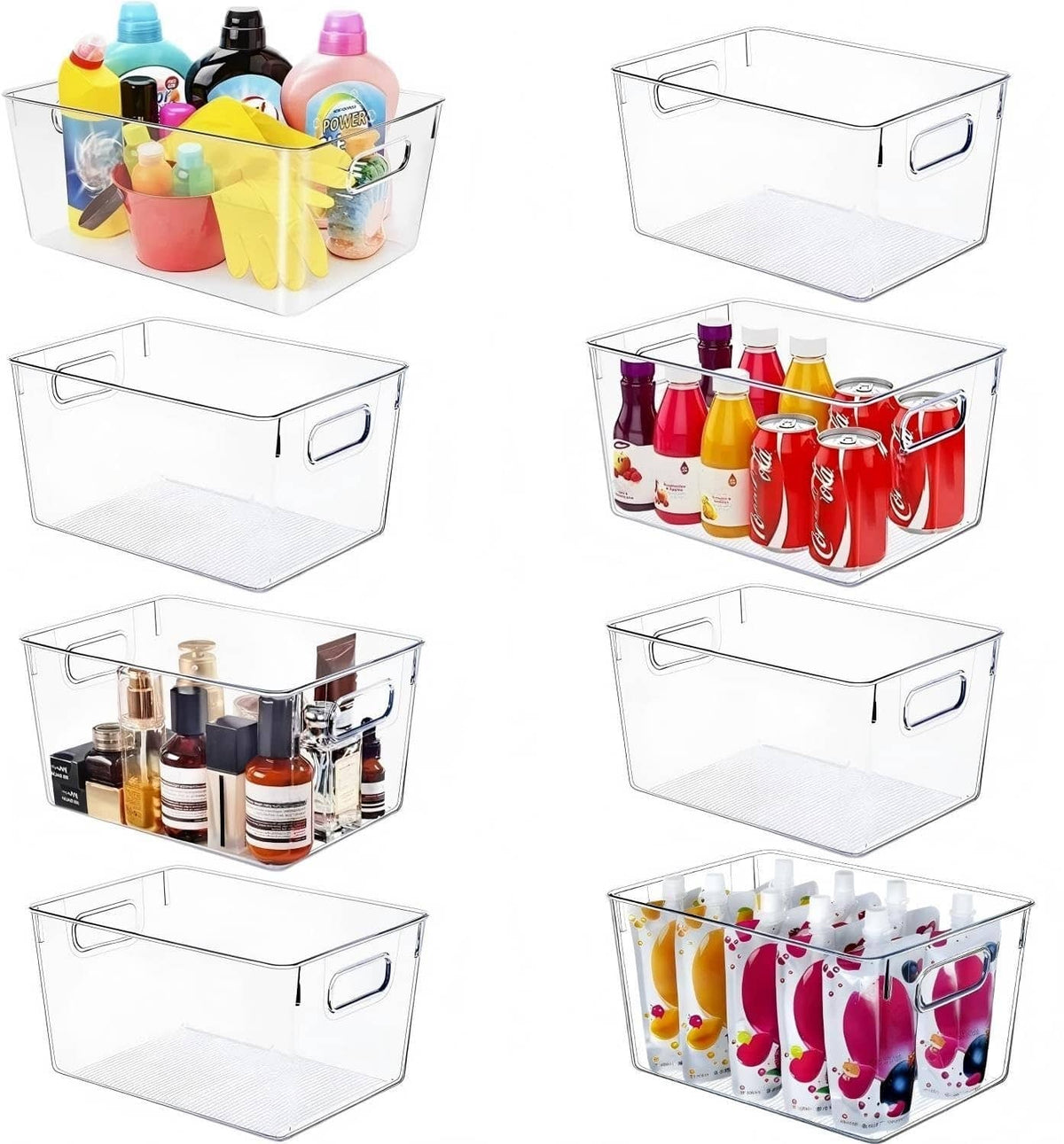 Set of clear plastic storage bins with carry handles, rectangular open top