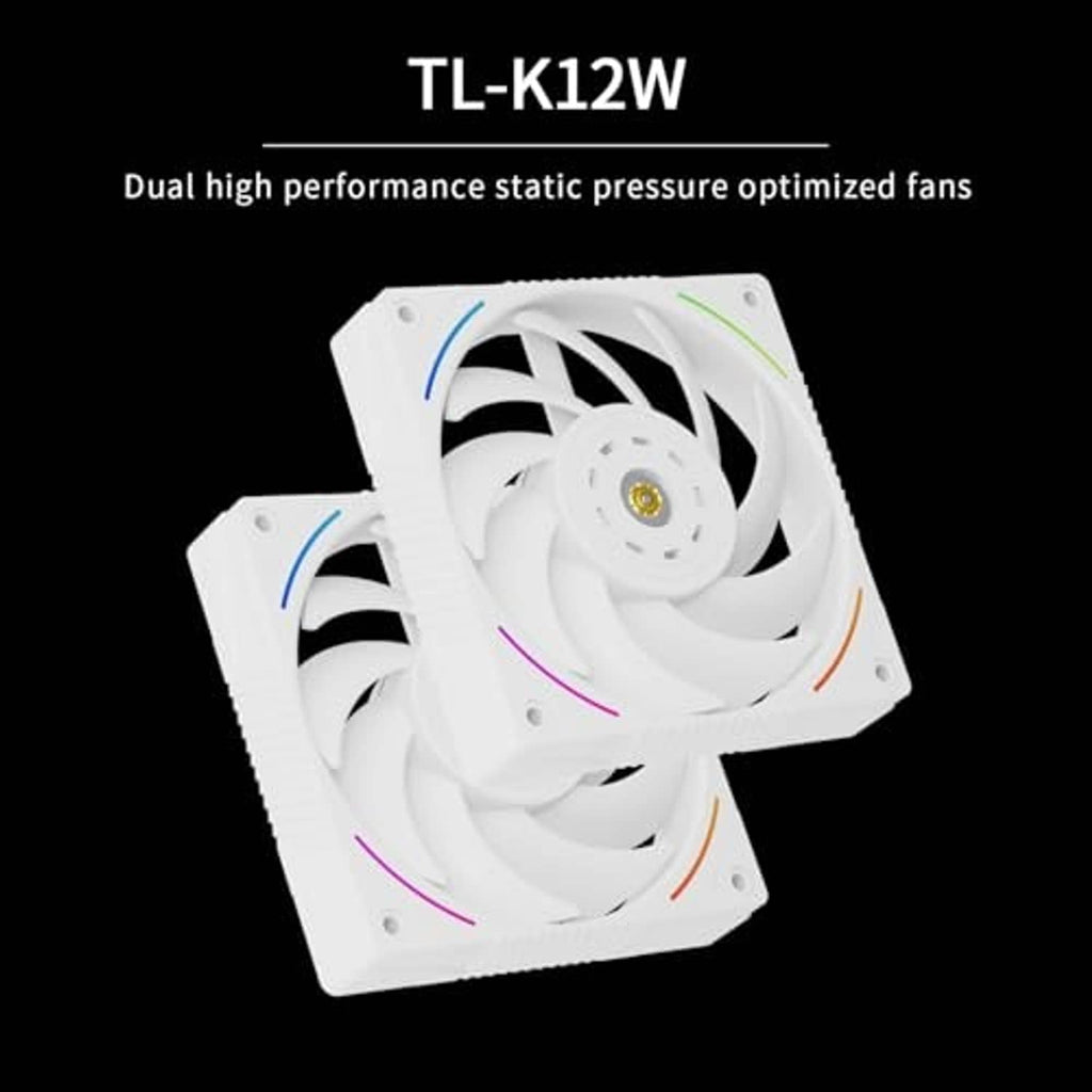 White dual-fan CPU cooler front view with RGB light lines on fan frames
